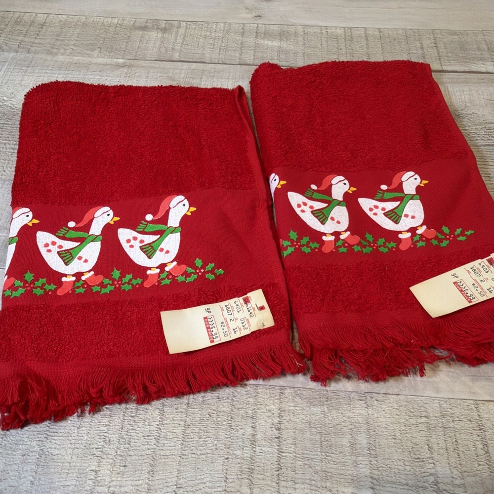 Vintage Christmas Goose Hand Towels NOS Cottagecore Holiday Fringe Set of 2